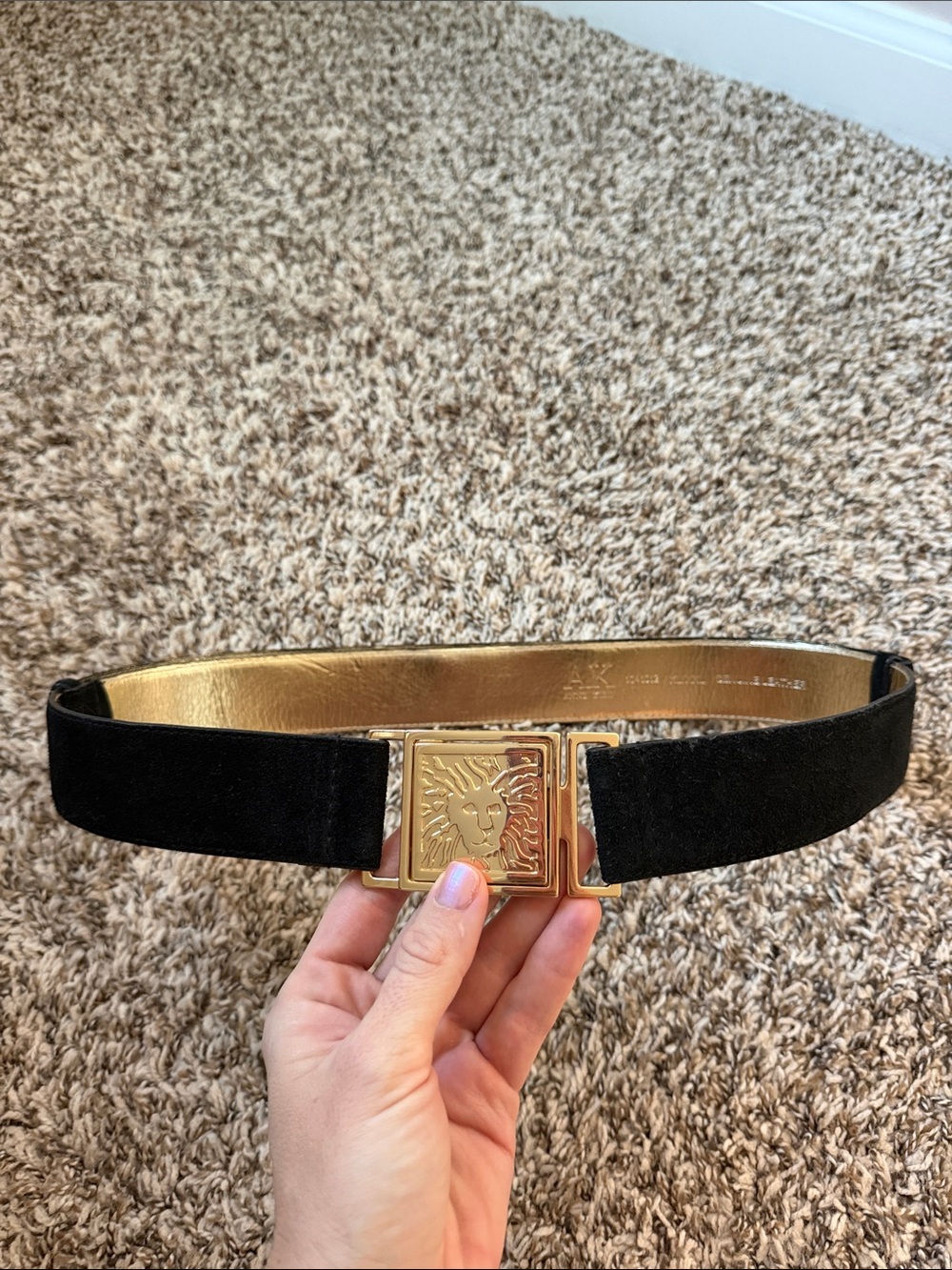 Anne Klein Black Suede Belt with Gold Lion Buckle